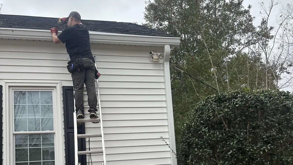 Our gutter contractor installing gutters on a residential home.