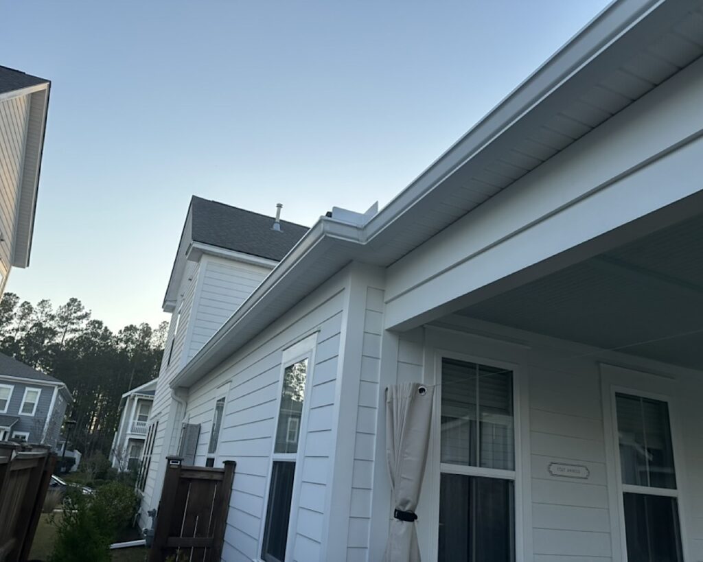 Inside and outside gutter corners on a seamless gutter installation in Nexton