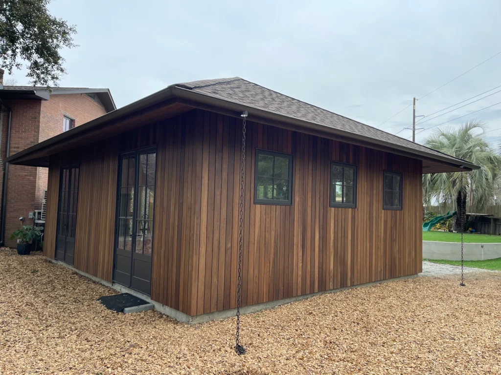 An example of a rain chain as an alternative to traditional gutters.