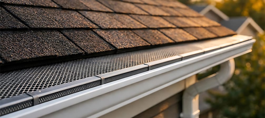 Gutter guard installation on a residential roof with protective mesh covering the gutters.