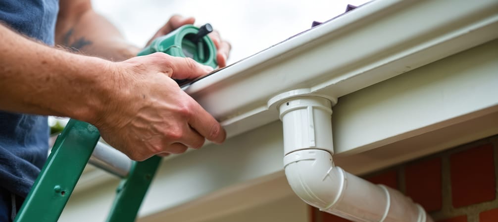 Professional gutter repair on a residential home in Charleston, SC.