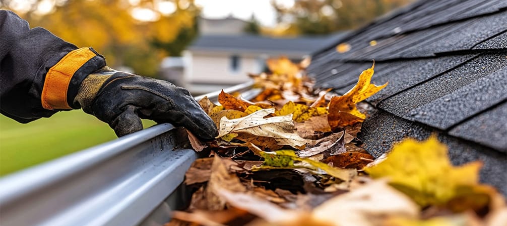 Charleston gutter cleaning with leaves and debris along a residential roof